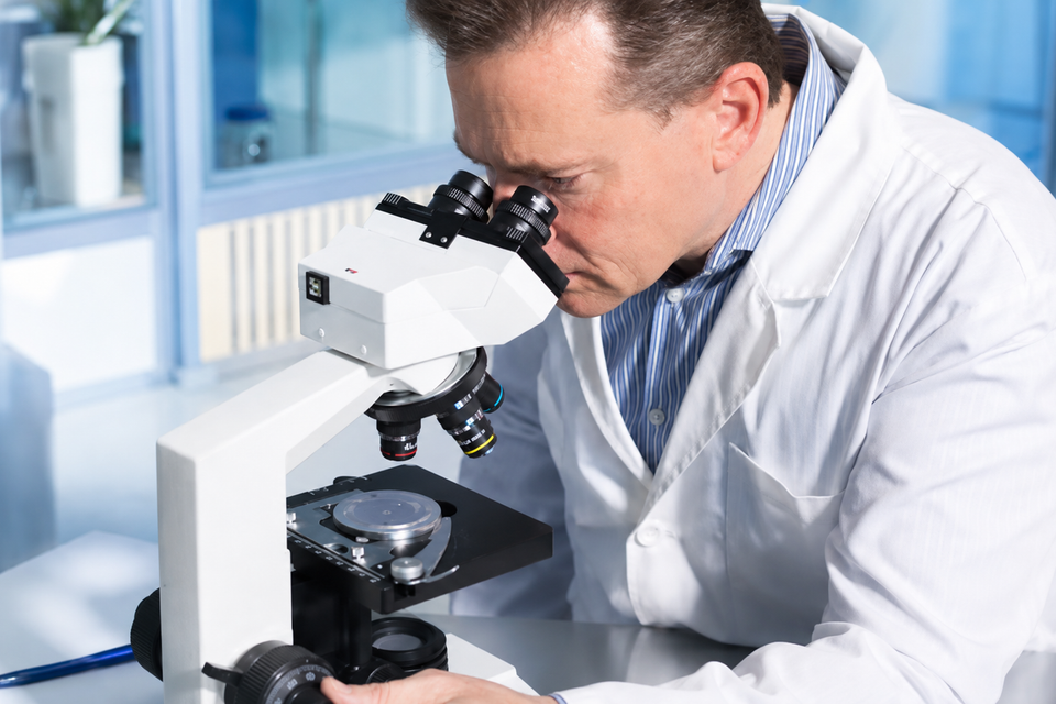 Scientist using a microscope to study wellness technology