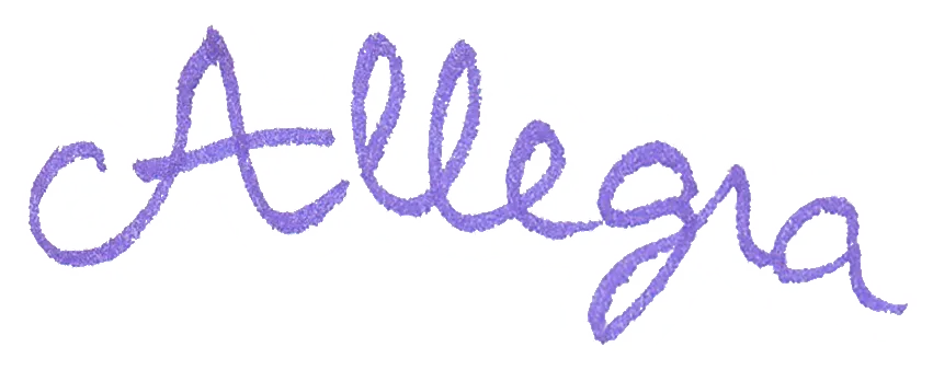 Partner: The image features the word "Allegra" written in elegant, textured purple script against a solid black background, conveying a sense of creativity and style.