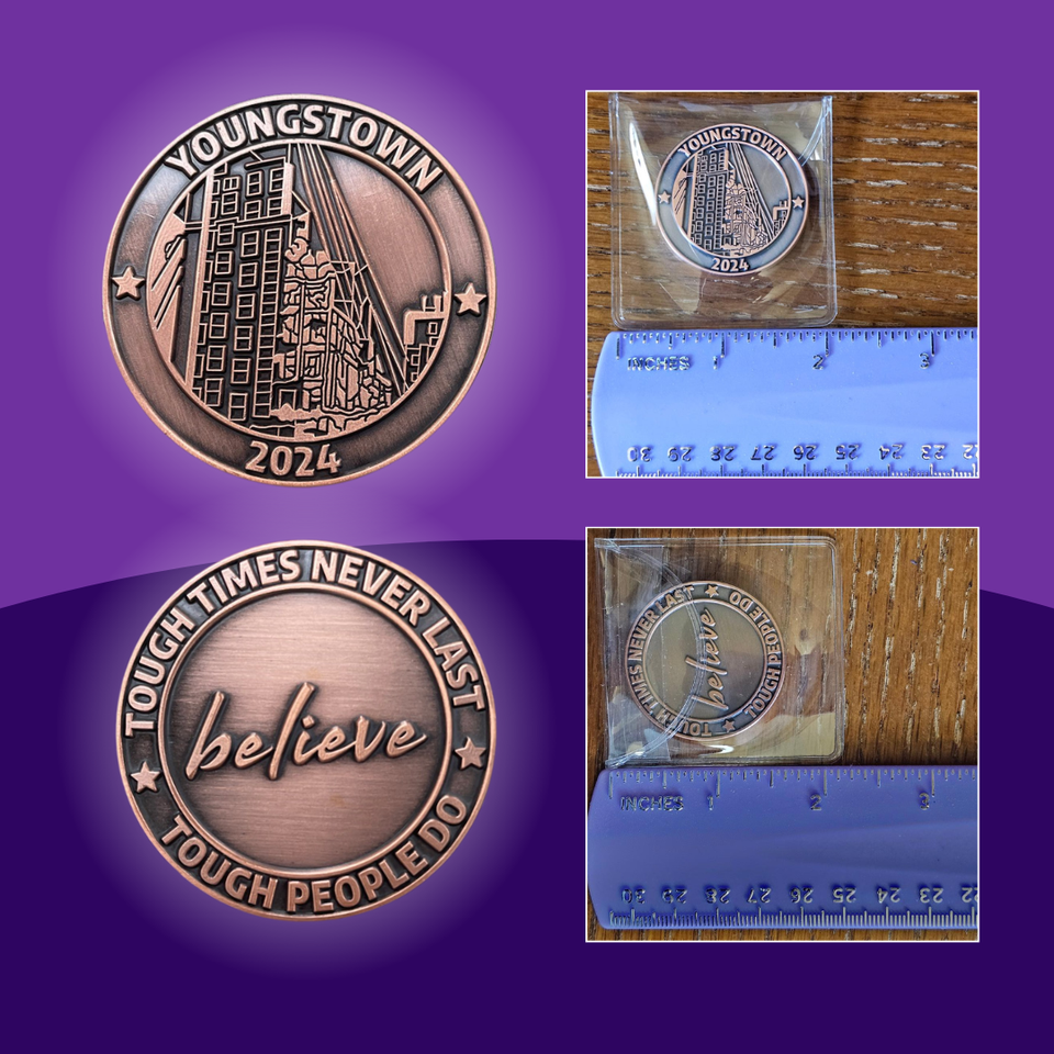 Custom 2024 Youngstown commemorative coin featuring city artwork and an inspirational message on the reverse side.