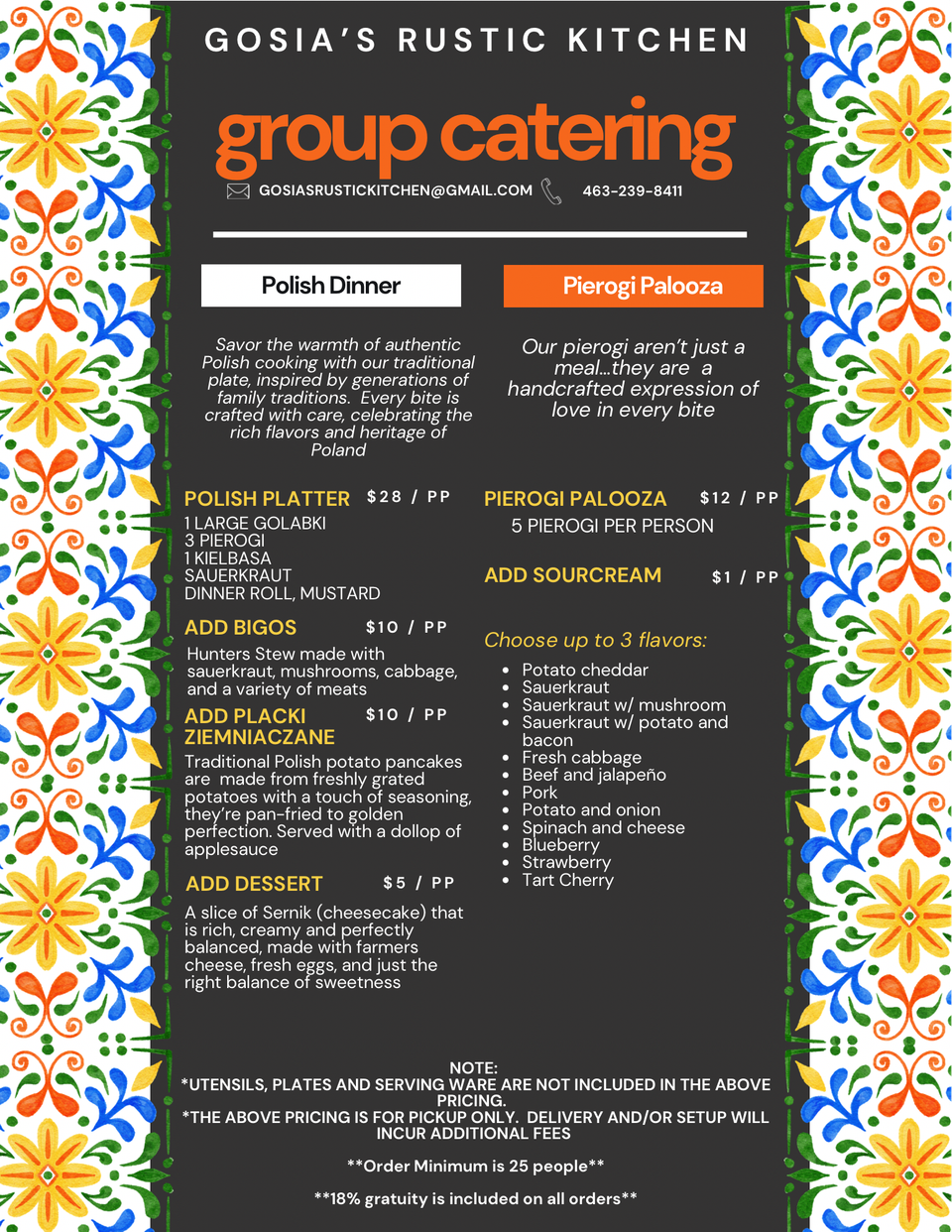 Group Catering menu from Gosia's Rustic Kitchen in Sheridan, IN