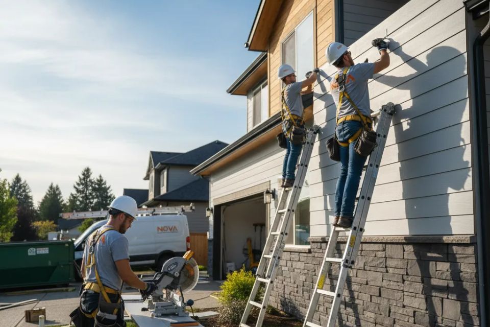 Nova Roofing + Construction LLC expert installation crew applying premium fiber cement siding to a modern residential home, featuring precision on-site cutting and professional ladder safety systems for a complete exterior envelope upgrade.