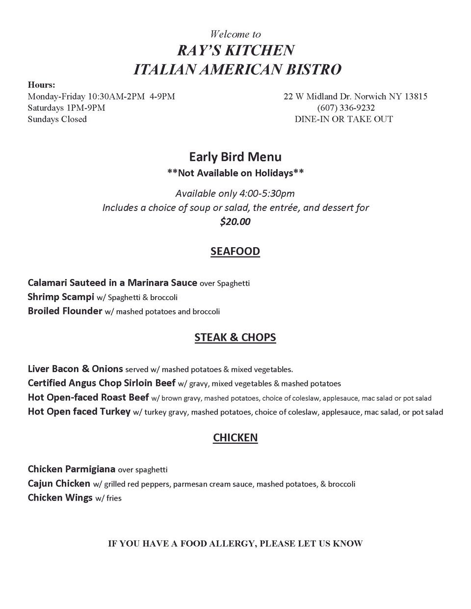 Early bird menu  page 1