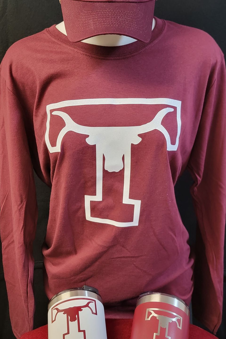 SaRi's Creations - Tarkington HS Logos on a burgundy shirt, cap, and tumblers.  