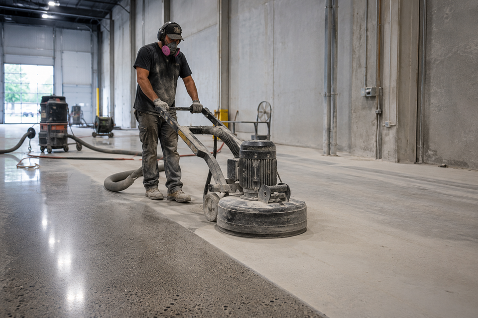 Technician grinding or preparing concrete