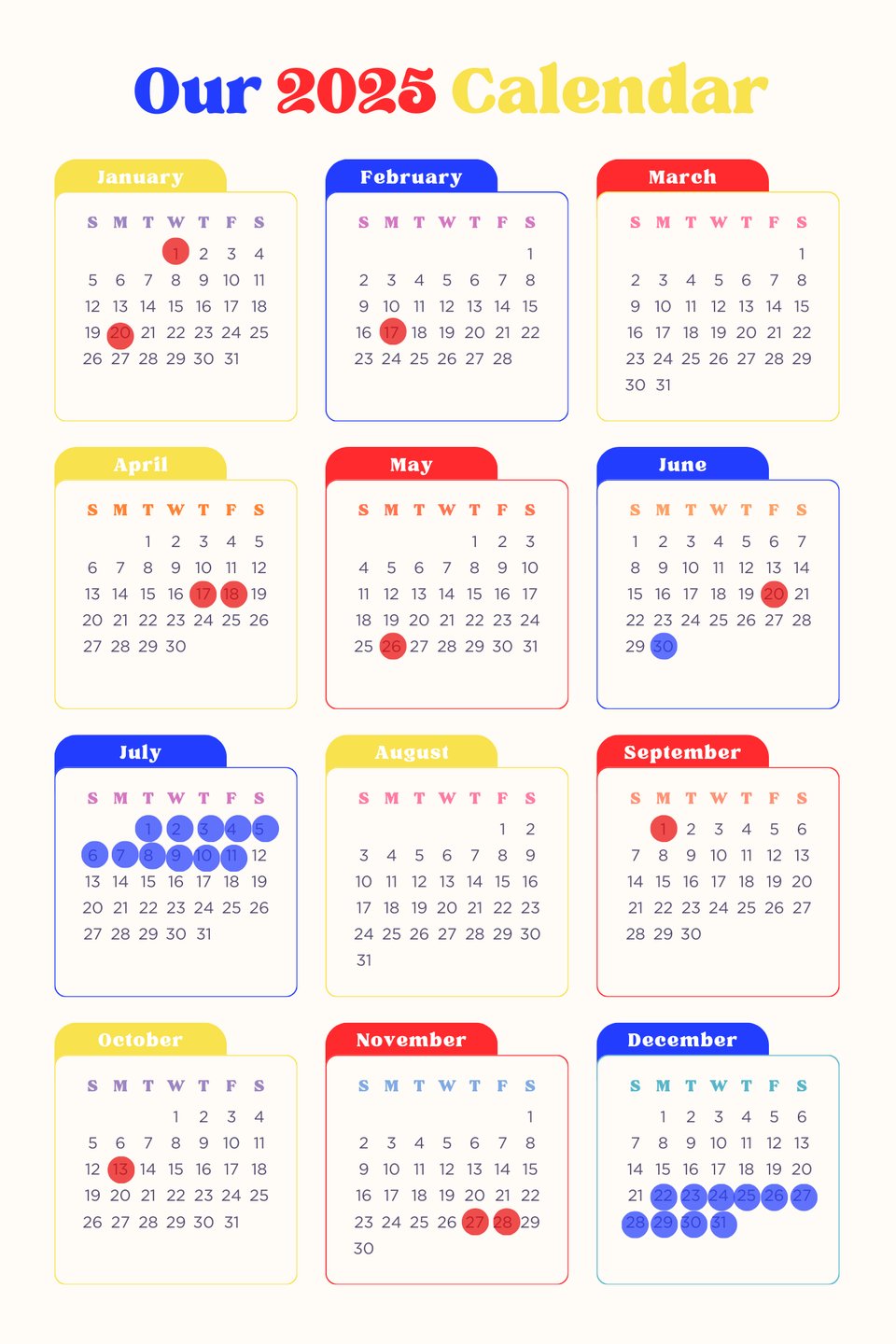 canva colorful tabs yearly 2025 annual calendar