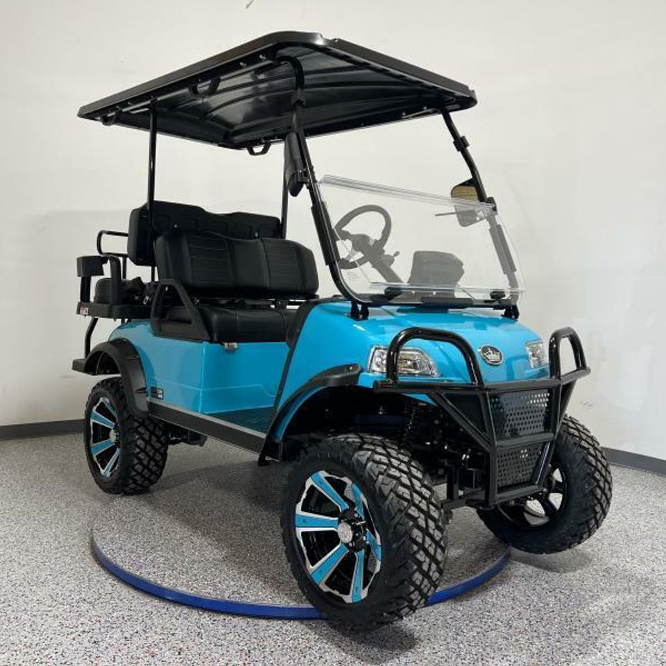 Sky blue 2024 evolution forester 4 passenger lifted golf cart uksxjka6mg9x overlay 1705094279