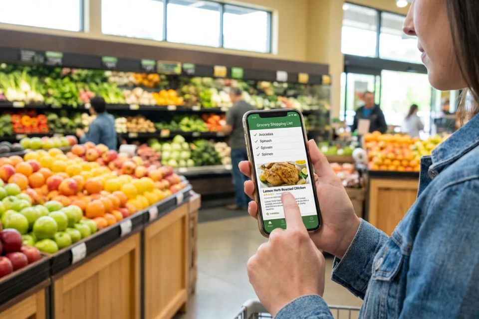Client using a smartphone to view a healthy grocery shopping list and meal plan while shopping for fresh produce.
