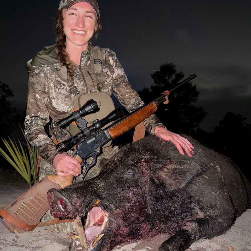Billie Jo Bollinger of Manheim,  harvested this 150 to160-lb. wild boar in Lake Placid, Florida.