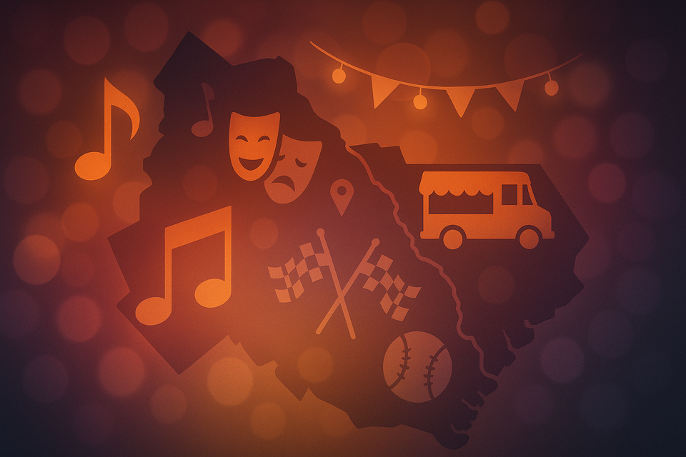 Stylized map of the Central Savannah River Area with icons representing music, theater, sports, and food events on a warm festive background.