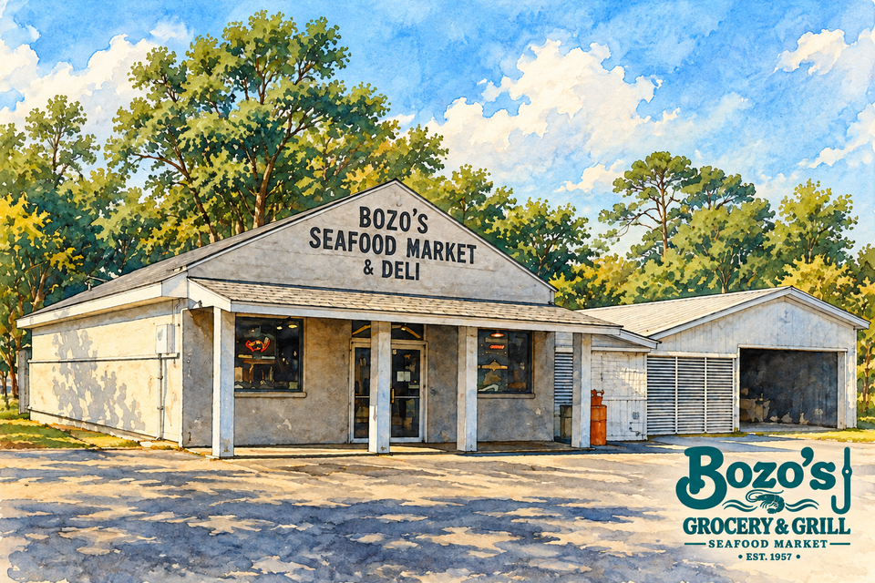 Bozo’s seafood market, coastal watercolor 1