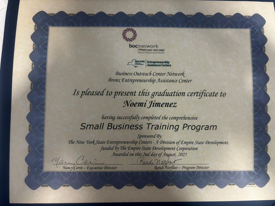 Noemi's Cleaning Services certificate for Small Business Training Program from the Bronx Entrepreneurship Assistance Center