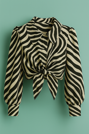 Zebra print blouse with puffed sleeves  a wide collar  and front tie detail displayed against a soft teal background