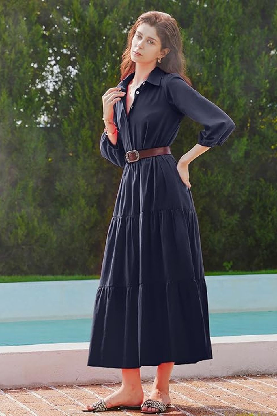 Flowy v neck maxi shirt dress – lightweight  ruffled   pocket friendly for effortless style navy