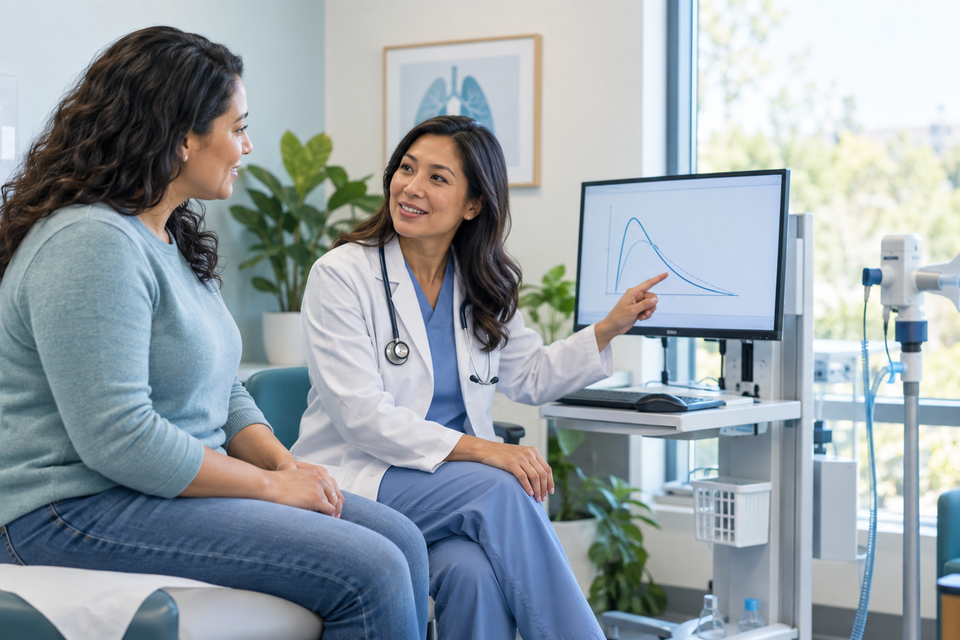 Allergist reviewing lung function test results with a patient
