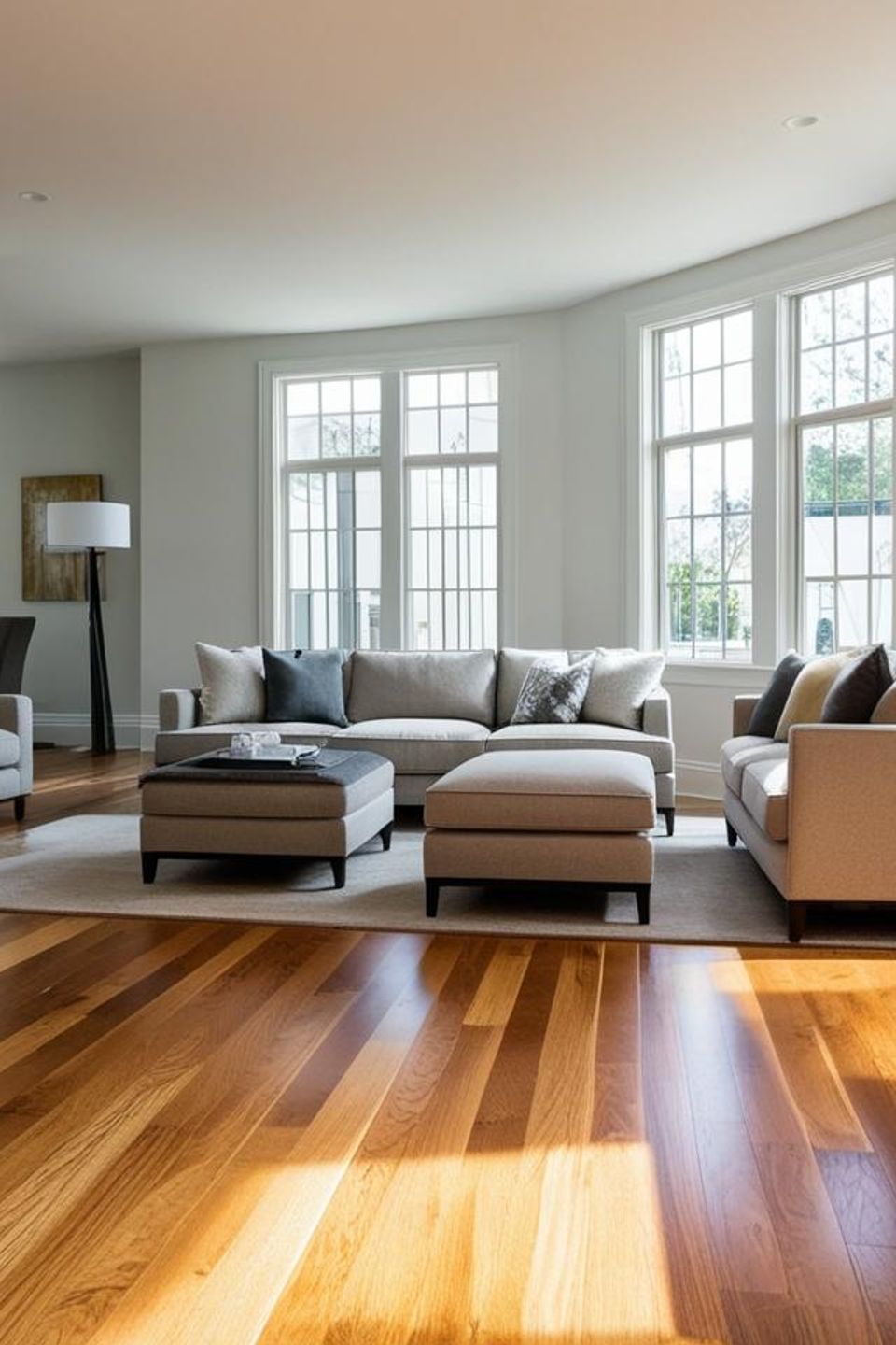 Modern living room featuring a seamless oak hardwood floor installation paired with stylish grey sectional seating by Concord Carpet And Hardwood.