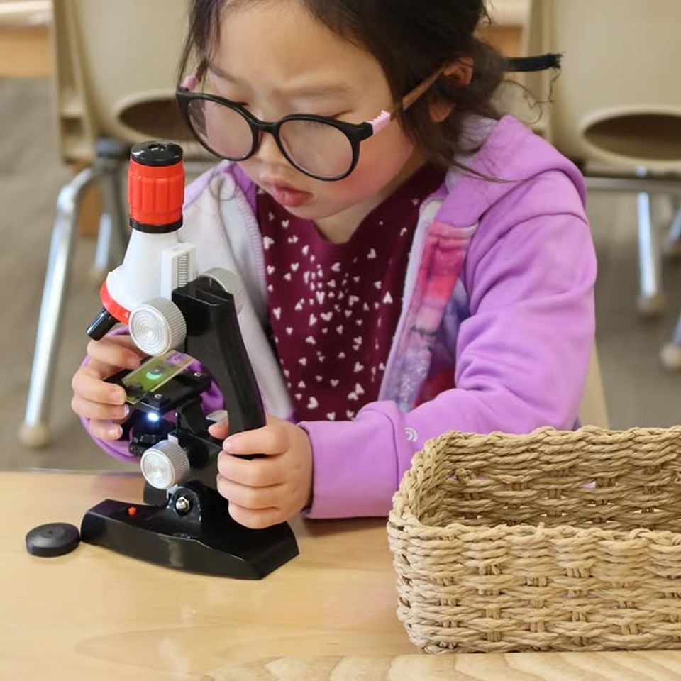 Preschool girl looking through a microscope during a Montessori science lesson in Palmdale CA
