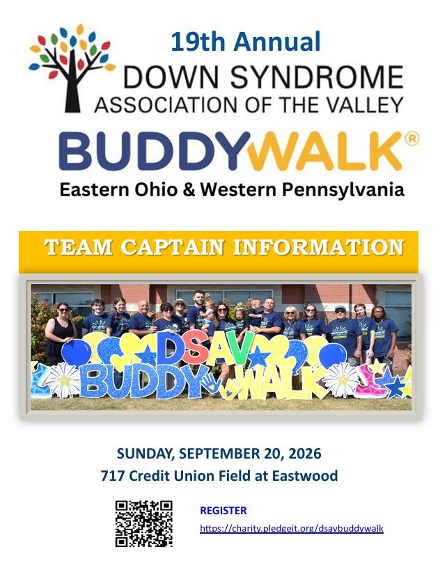 DSAV Buddy Walk Team Captain Information flyer featuring event details, registration information, and a group photo of Buddy Walk participants.