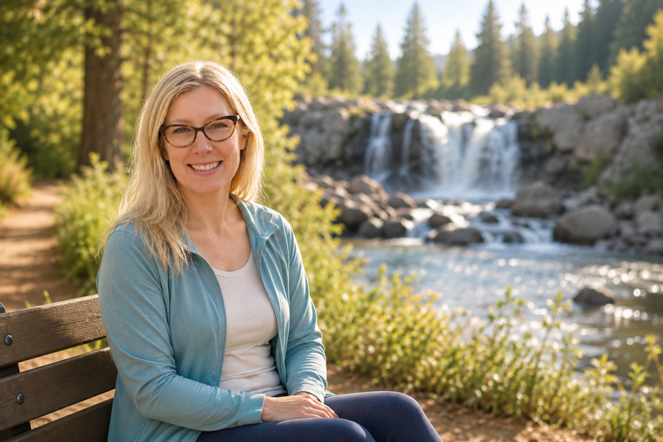 Meagan smiling beside a waterfall in a peaceful natural setting