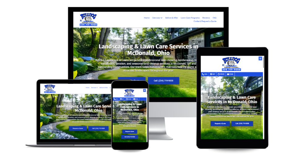 Landscape and lawn care website featuring residential lawn maintenance and landscaping services.