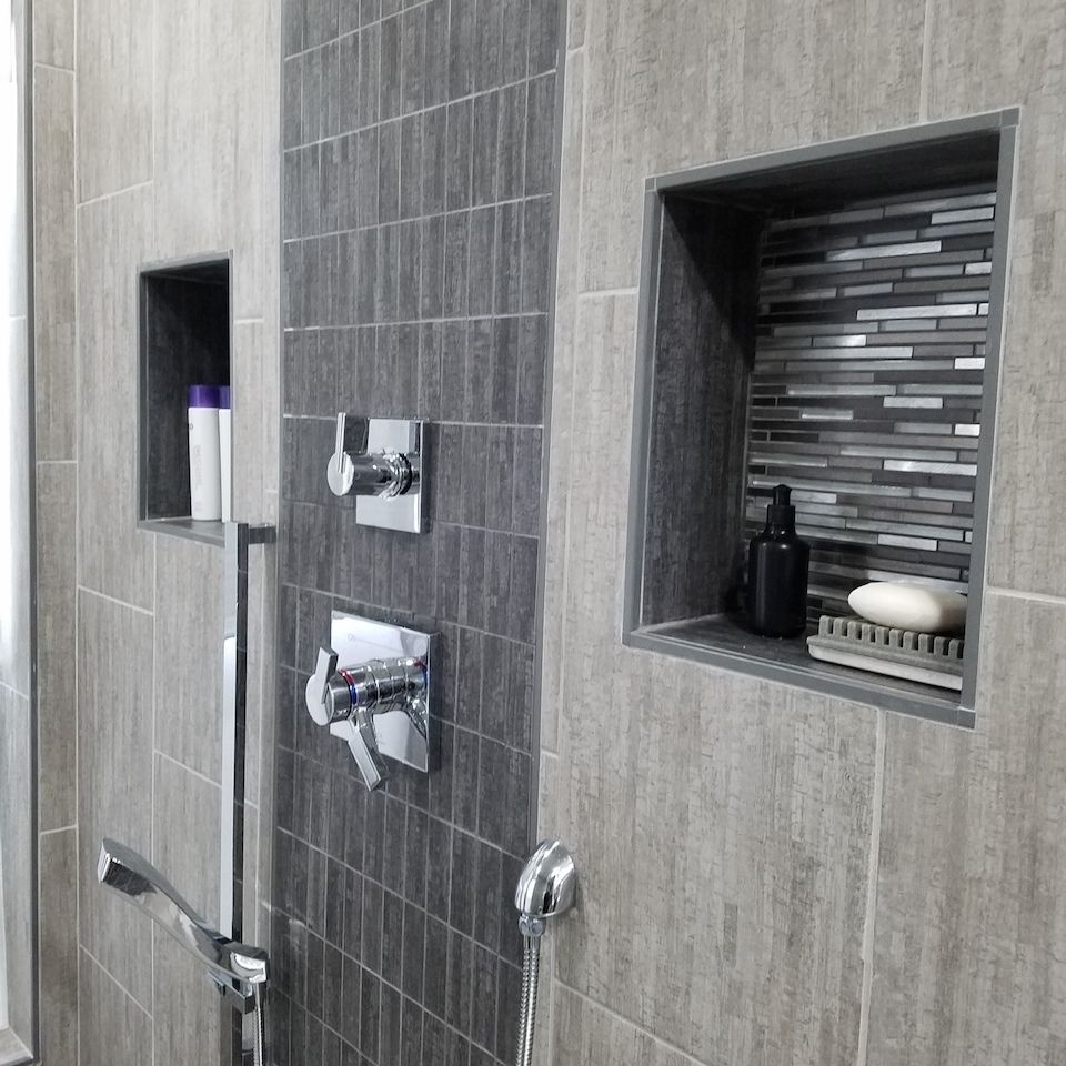 Weathered wood restoration  tulsa oklahoma  custom master shower closeup built in shelves cubbies 6
