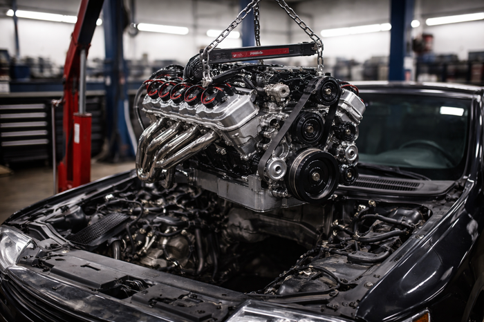 V8 engine being lifted from a car during engine removal and replacement service in Missouri City, TX