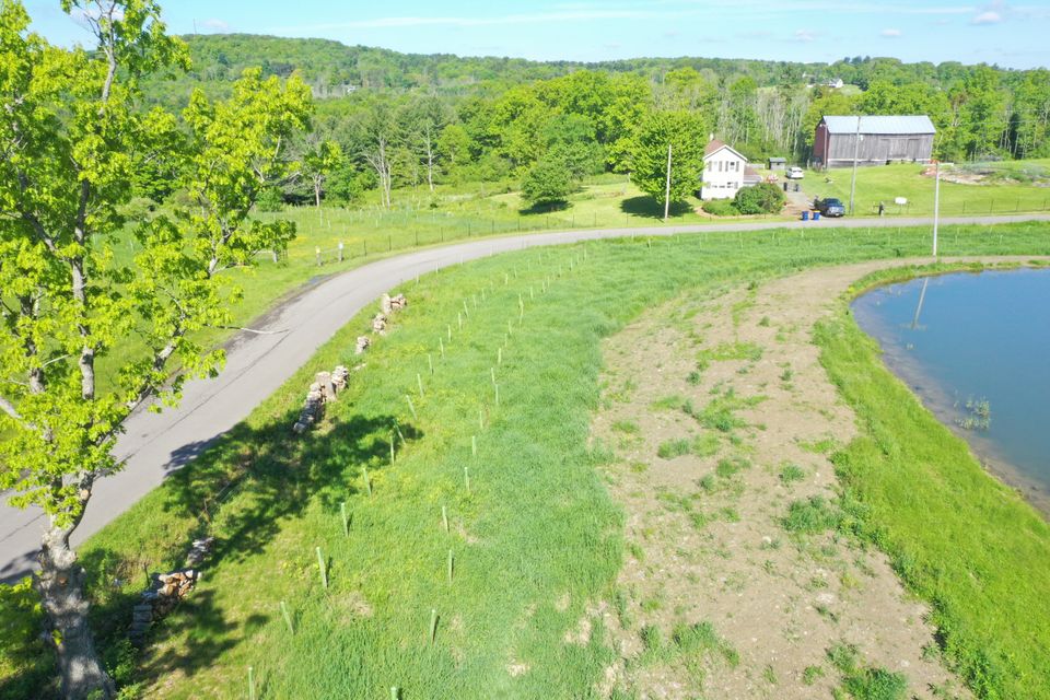 2025 arial drone looking west south side of pond and plants