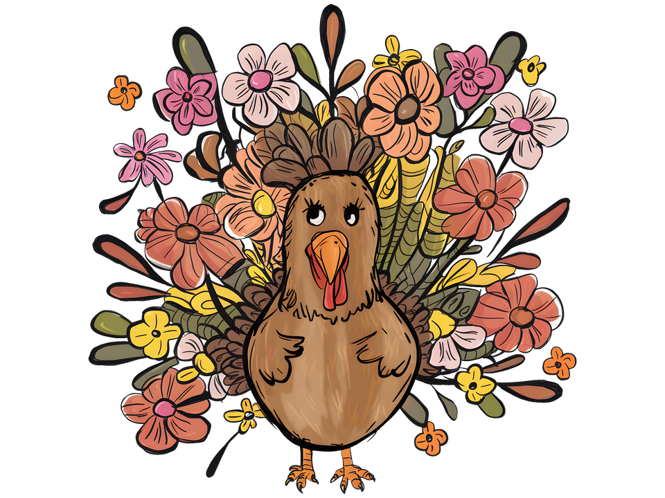 Seasons   thanksgiving turkey with floral feathers 2