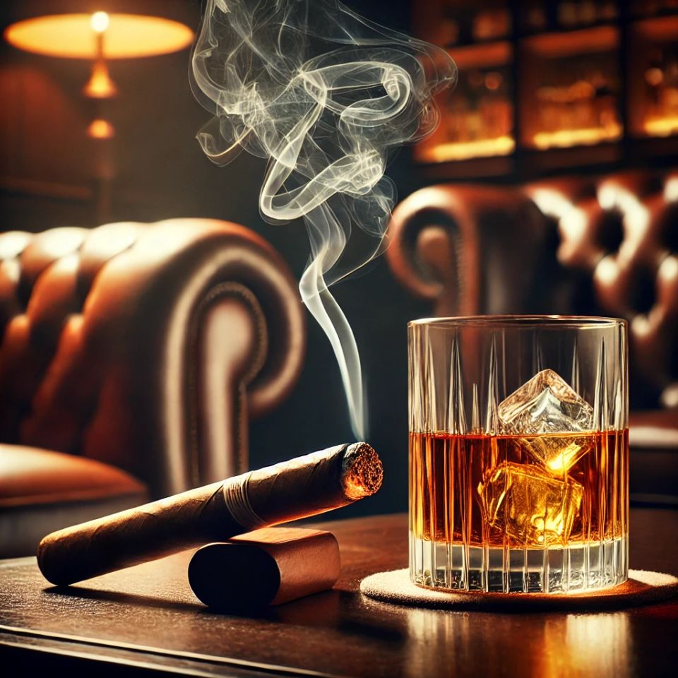 Dall·e 2025 04 04 17.23.30 a cozy upscale cigar lounge setting. a premium cigar rests naturally on a polished wooden table beside a glass of whiskey or bourbon. the ambient lig