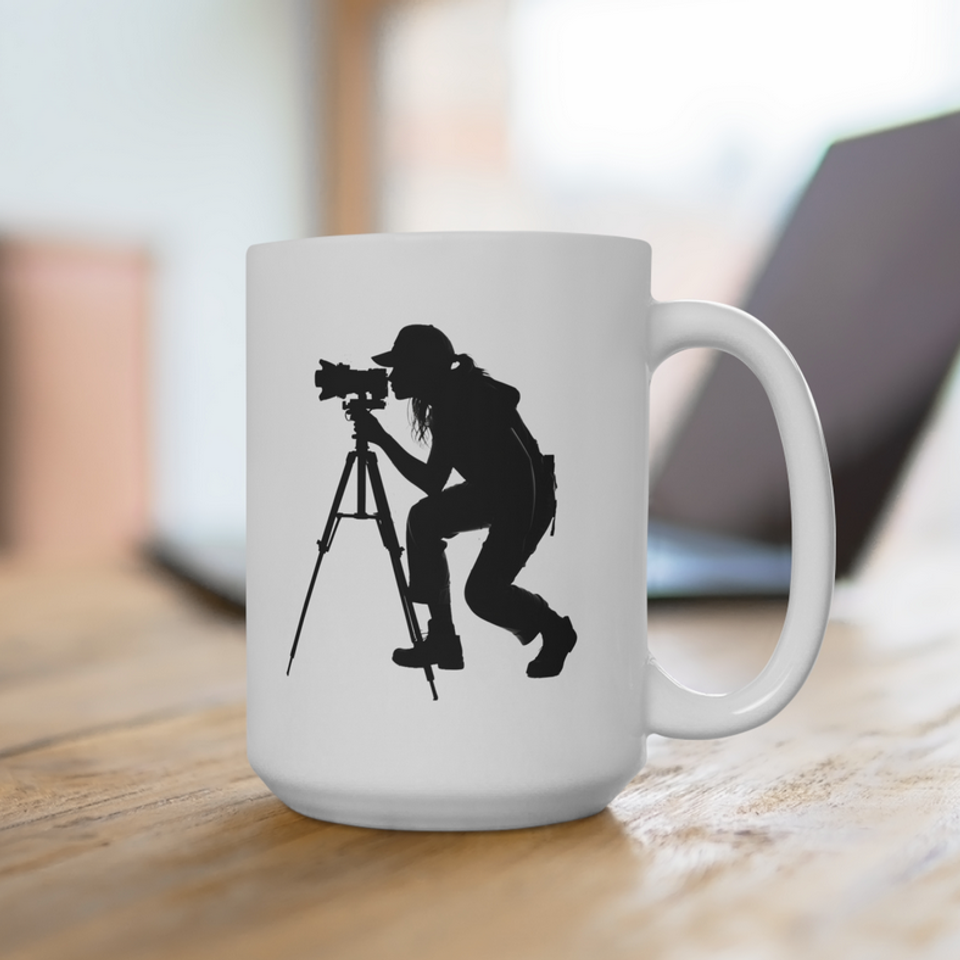Girl silhouette with cam and tripod white mug stooping