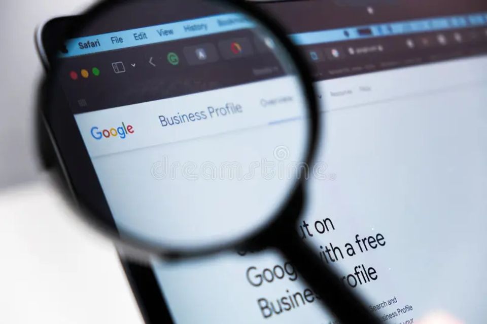 Google business profile logo enlarged magnifying glass laptop screen december prague czech republic google business 300715642