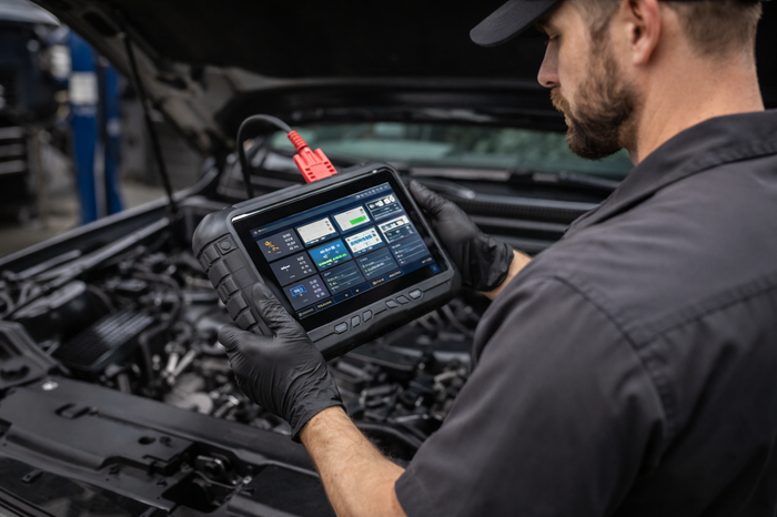 Mechanic using a diagnostic scanner on a car during engine diagnostics and repair in Missouri City, TX