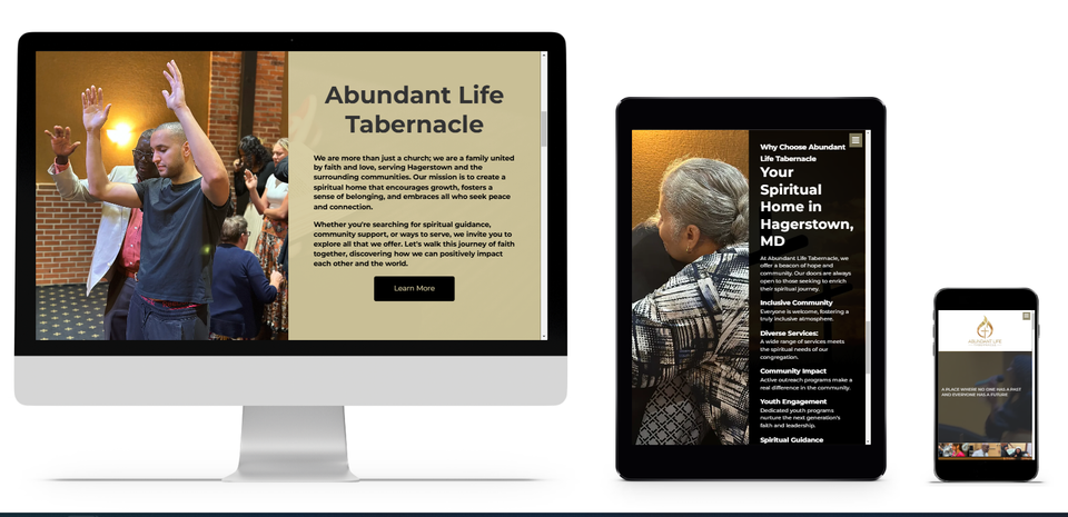 Abundant Life Tabernacle church website in Hagerstown Maryland shown on desktop, tablet, and mobile with messages of faith, worship, and spiritual growth.