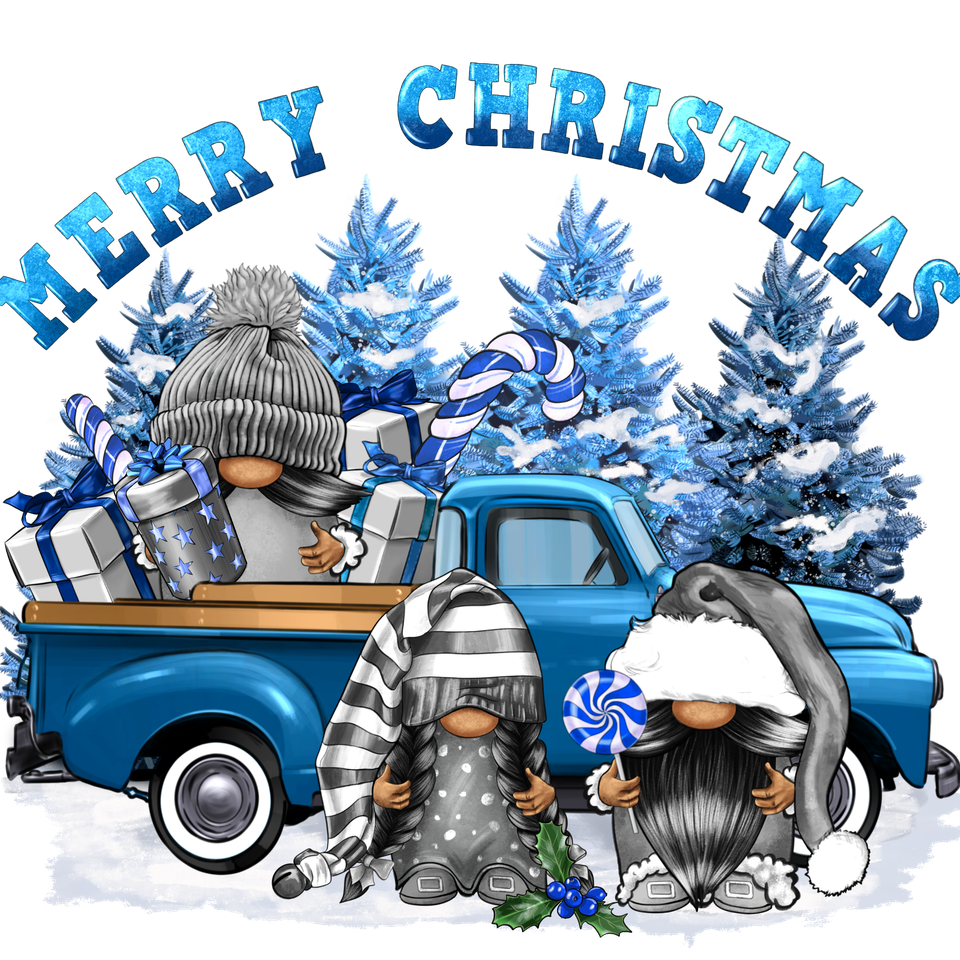 Seasons   christmas merry christmas gnomies with truck blue