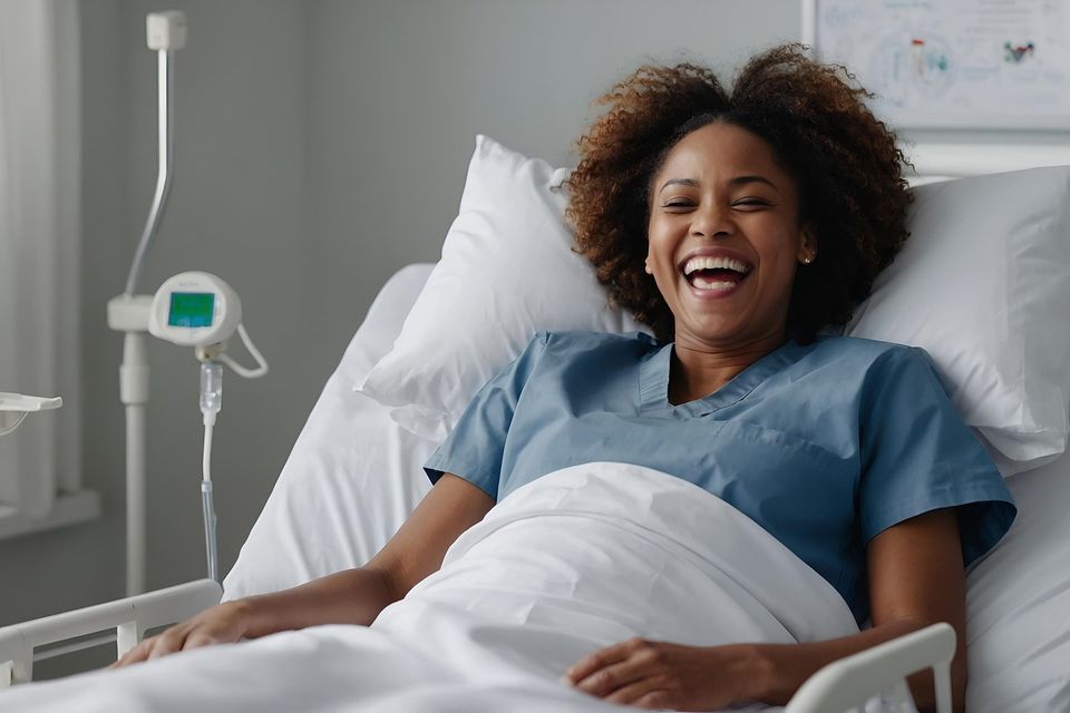 Laughing in hospital bed