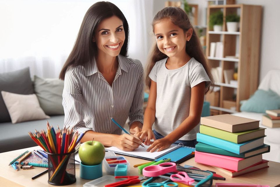 A parent and child organizing school supplies and books on a clean, organized desk.