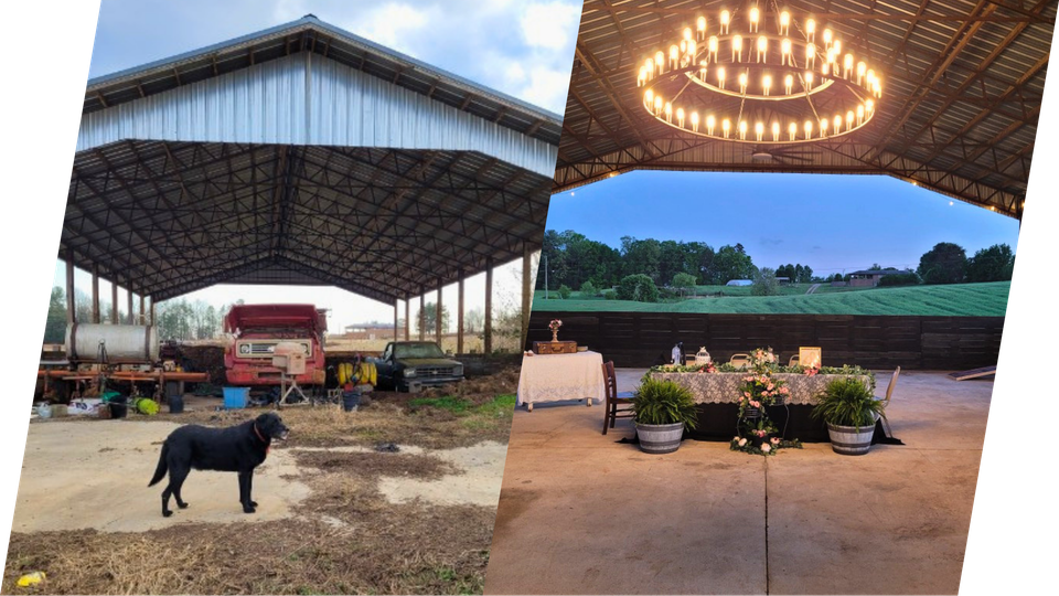 before and after transformation of North Carolina farm into wedding venue
