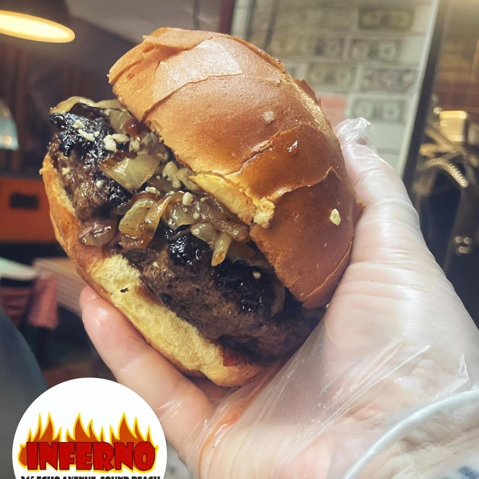 Delicious burger at Inferno The Restaurant in Sound Beach