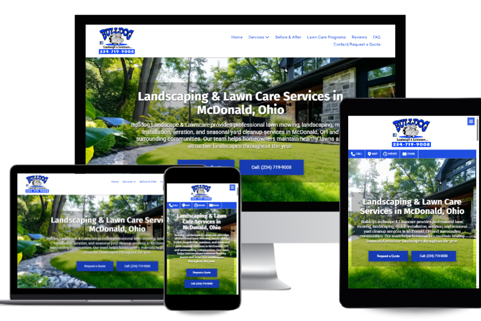 Landscape and lawn care website featuring residential lawn maintenance and landscaping services.