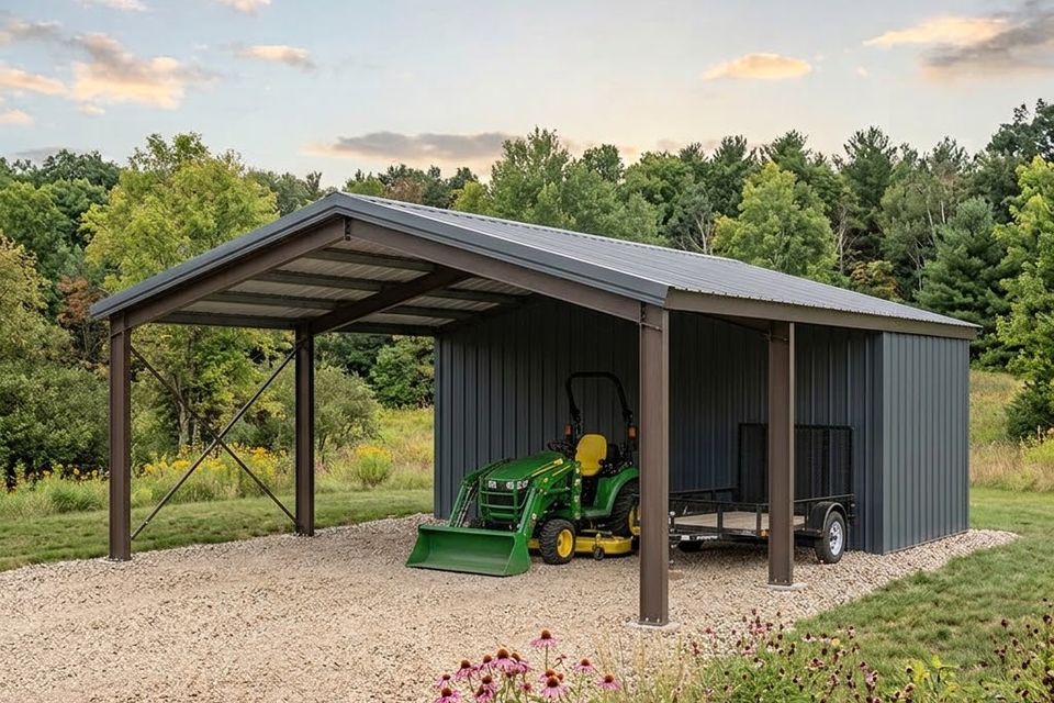 Gray utility carport with enclosed back wall storing a tractor and trailer in Knoxville TN