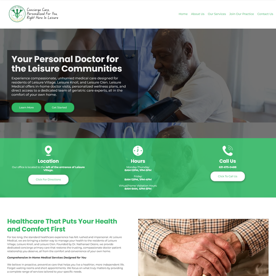 Custom web design for Leisure Medical Concierge, a medical concierge practice located in Leisure Village in Ridge, NY
