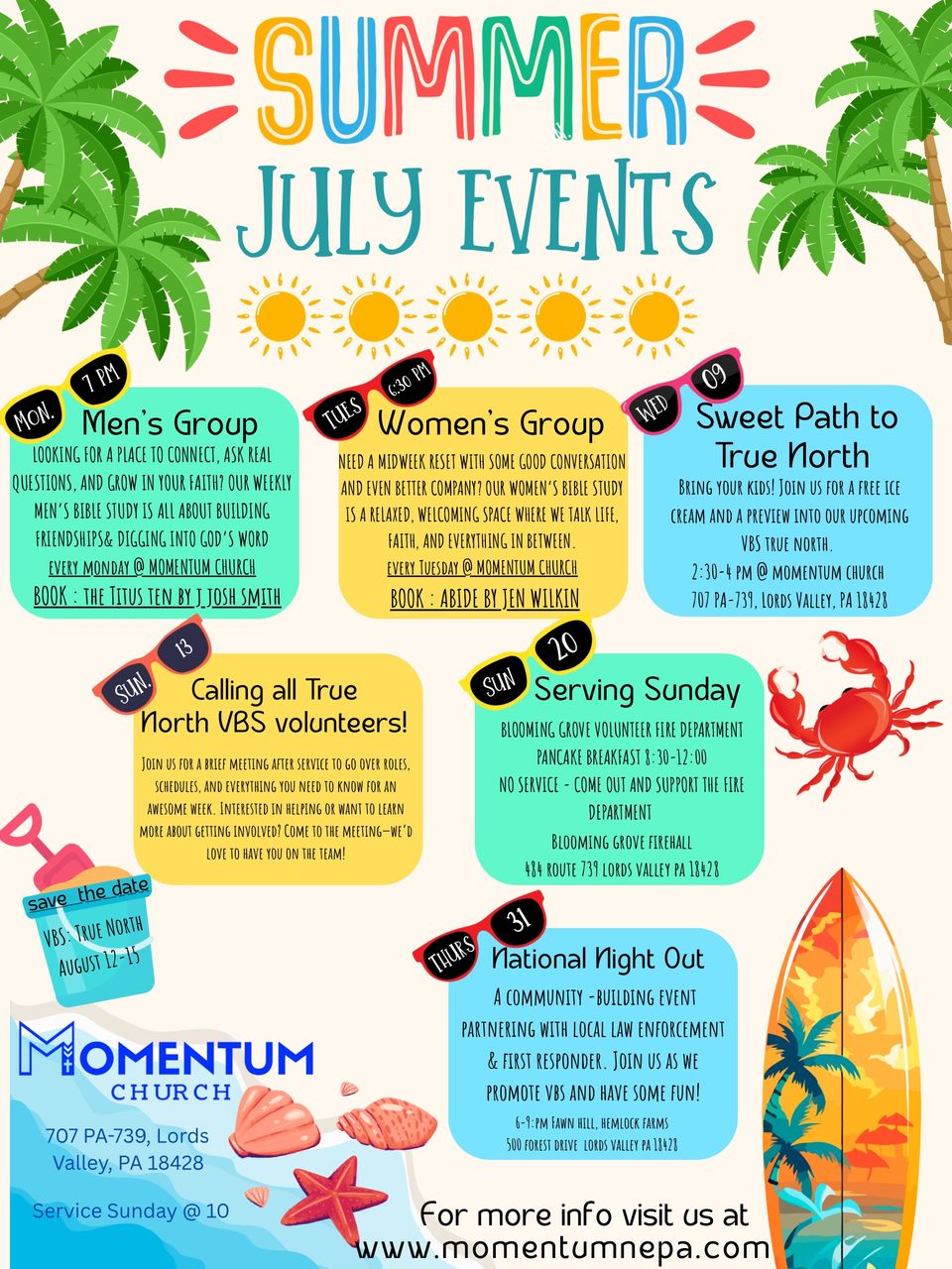 Colorful green yellow and red illustrative tropical summer calendar of events poster