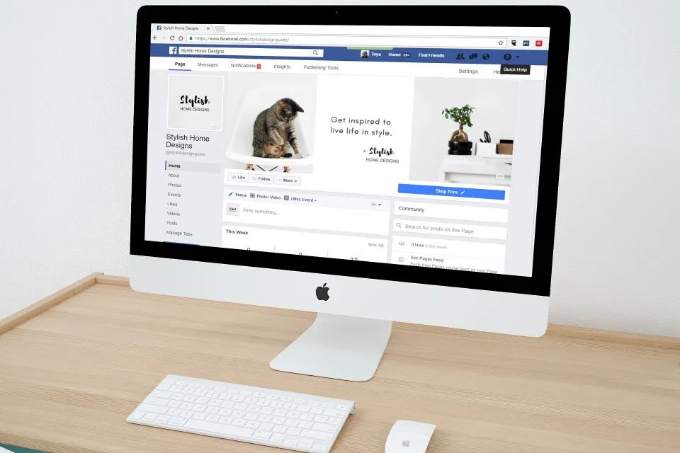 Desktop computer displaying a business's Facebook page