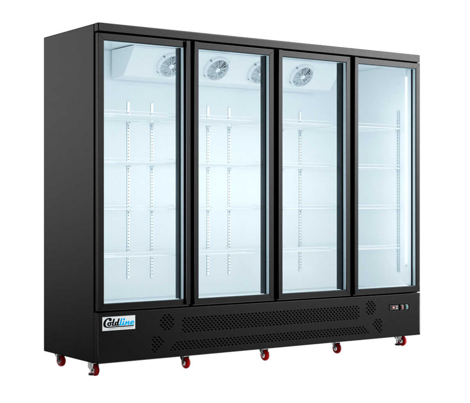 Black Commercial reach in freezer or reach in cooler with 4 glass doors and castors