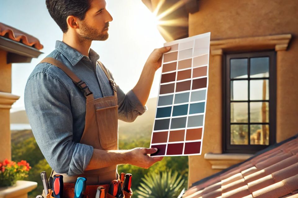 Dall·e 2024 11 04 20.41.08   a high resolution image of a roofing contractor standing next to a santa maria style home  holding color swatches or roof color samples up to the medi