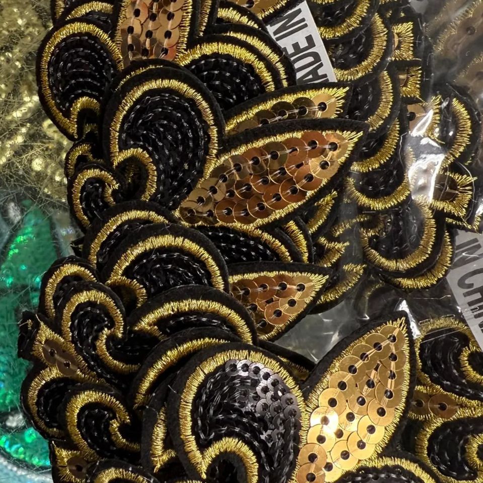 Black and Gold fleur de lis sequin appliques for costumes and decorative projects