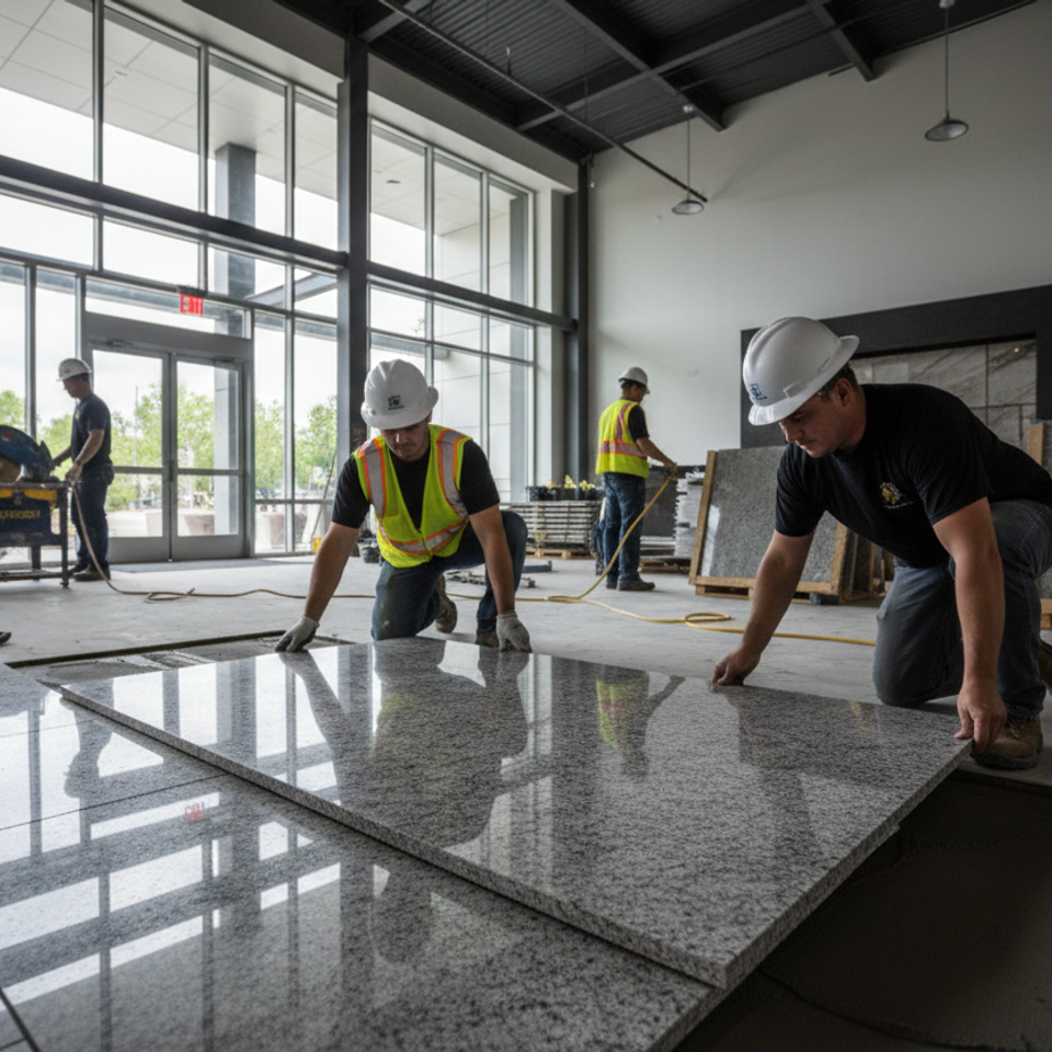 Commercial stone installation team from LuXe Design Tile and Granite inc. performing a large-scale granite floor tile layout for a modern retail lobby project in Roseville.