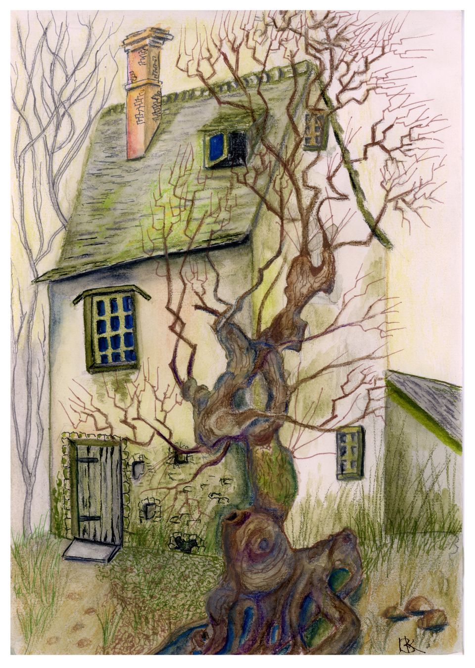 An illustration of a quaint house with a steep roof and chimney, set behind a gnarled, leafless tree. The scene conveys a whimsical, nostalgic atmosphere.