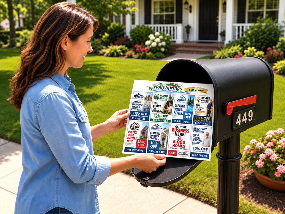 Hero image woman holding card at mailbox