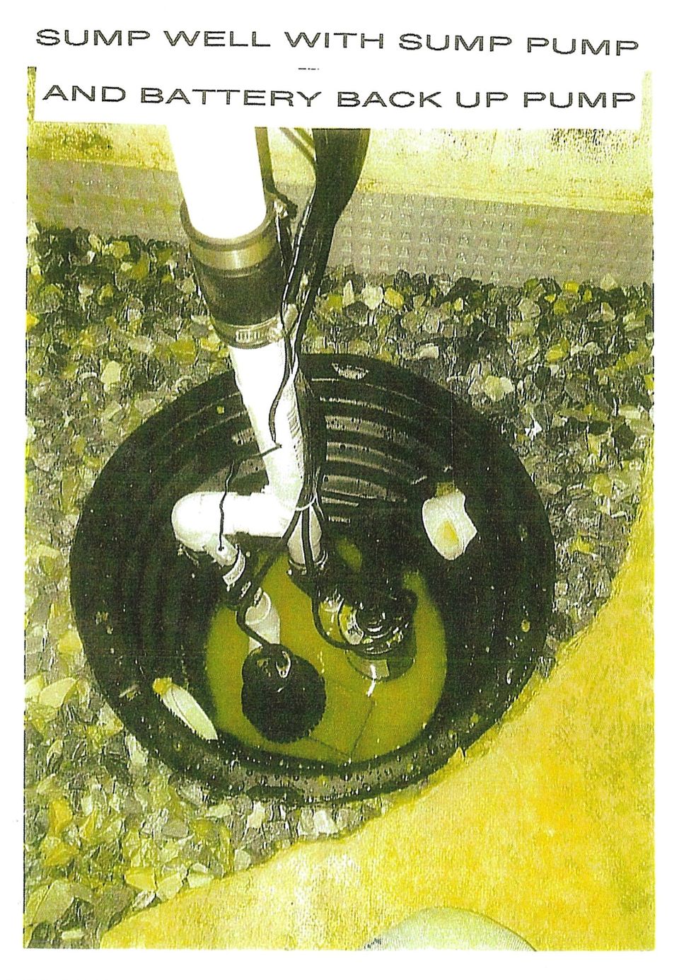 Sump well with sump pump and battery back up pump