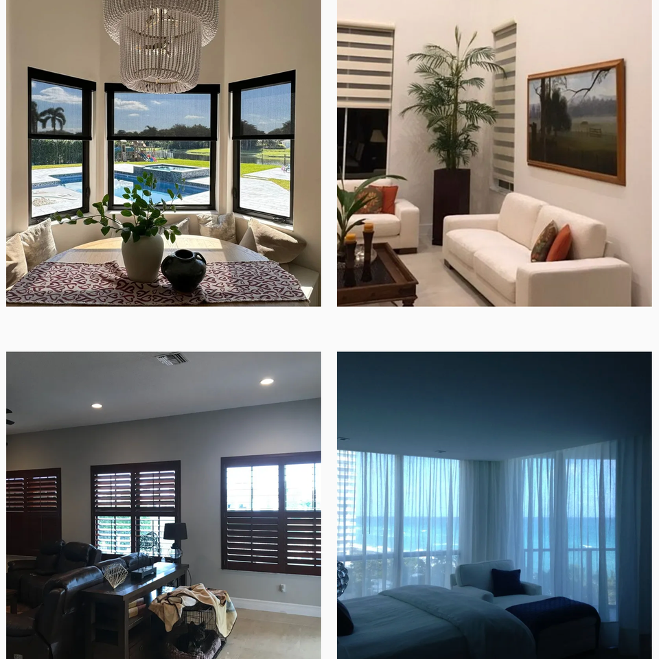 BJ&S Blinds installations showcasing solar shades in a breakfast nook, zebra shades in a living room, wood shutters in a home theater, and sheer curtains in a bedroom with an ocean view